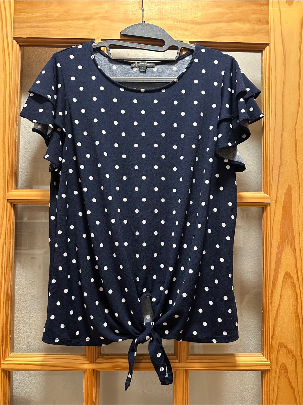 Adrianna Papell Navy Polka Dot Tie-Front Ruffle Sleeve Top